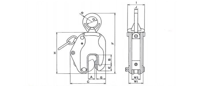ET型豎吊鋼板鉗結構尺寸圖 ET型豎吊鋼板鉗結構尺寸圖