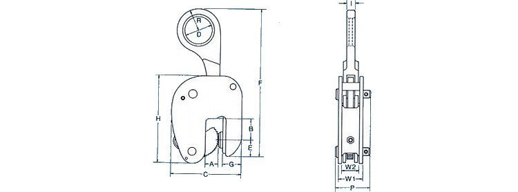 WOL型豎吊鋼板鉗結構尺寸圖